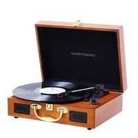 Musitrend Record Player Vinyl Turntable with Speakers, 3 Speed Suitcase Record Player Support Vinyl-to-MP3 Recording, Headphone Jack, Aux Input/RCA line Out (Wood)
