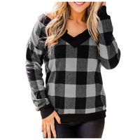 Sunhusing Women's Loose V-Neck Long Sleeve Plaid Printed Stitching Casual Short Sweatshirt Pullover Tops(Gray,2XL)
