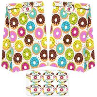 24 Pack Donut Party Candy Favor Bags with Stickers, Donut Goodie Gift Treat Bags Donut Themed Birthday Party Supplies