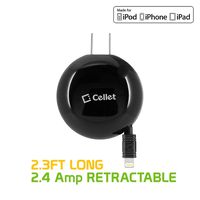 Cellet Retractable Home/Wall Fast Charger 2.4 amp (10 Watt) Compatible for iPhone 11 Pro Max XS Max Xr X 8 7 6 iPad Air Pro Mini 4 3 2 iPod Touch & All Lightning Devices - 2.5 ft Cord -MFI Certified