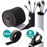 YOUMILE Cable Management Sleeve, 256" (6m) Cable Organizer with 8 Clips and 1 Roll Cable Strap, DIY Adjustable Black - White Neoprene Cable Management for Desk TV PC Computer Home Office