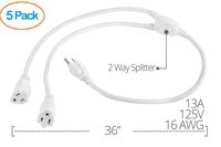 Aurum Cables 3 Prong 1-to-2 Power Cord Splitter Cable - Power Extension Cord - Cable Strip Outlet Saver - Outlet Splitter Electrical Cord - 3 Ft - 16AWG - UL approved - White - 5 Pack