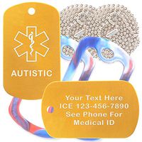 Custom 2 Pack - Autistic Medical Alert ID Necklaces with Gold Custom Tags, Red/White/Blue Silencers, and 30'' USA Chains