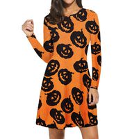 Xiuban Women Dress Women Casual O-Neck Long Sleeve Print Halloween Housewife Evening Party Dress