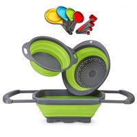 Glotoch Colander Silicone Collapsible Colander Set of 12-Includes 1pc 6 Quart Over the Sink Colander, 2pc 4 Quart Round Foldable Colander Strainer 8 piece Measuring Cups and Spoons Set BPA Free Green