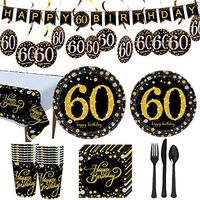 Trgowaul 60th Birthday Party Supplies - Black and Gold Disposable Paper Plates, Napkins, Cups, Tablecover Forks, Knives and Spoons for 16 Guests and Party Supplies Decorations Banner