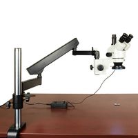 OMAX 7X-45X Zoom Trinocular Articulating Arm Stereo Microscope with Vertical Post and 144 LED Ring Light with Light Control Box