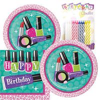 Teen Sparkle Spa Happy Birthday Theme Plates and Napkins Serves 16 With Birthday Candles