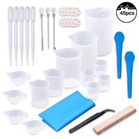 Moi Doi 45PCS Resin Mixing Cups Tools Kit, Graduated Plastic Silicone Measuring Cups, with Pipettes Mixing Stir Sticks Finger Cots Tweezer Silicone Mat for DIY Resin Casting Painting Jewelry Making