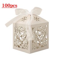 Lucky Monet 25/50/100PCS Love Heart Laser Cut Wedding Candy Gift Box Chocolate Box for Wedding Favor Birthday Party Bridal Shower with Ribbon (100pcs, Beige)