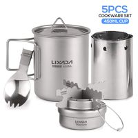 Lixada Camping Cookware Set,5PCS Lightweight Titanium Set 450ml Pot Alcohol Stove Cross Stand Rack with Foldable Spork and Windscreen