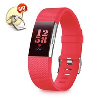 IYOU Compatible for Fitbit Charge 2 Replacement Bands, Classic Edition Adjustable Silicone Sport Wristbands Fitbit Charge 2 Bands for Women and Men, Red, Large,【Gift】 1X Finger Ring Stand