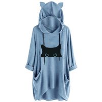 haoricu Womens Cat Ear Hooded Pocket Tunic Tops Cute Lazy Lying Cat Printed Solid Color Long Sleeve Sweatshirt (Blue, M)