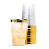 Gold Plastic Cups 14oz - Gold Rimmed Plastic Cups - Set Of 100 - Securely Packed Wedding Cups - Fancy For Plastic Wine Glasses - Great Party Cups For Adults - Recyclable, Disposable Clear Cups