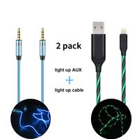 iChase Light Up Charging Cable (Advanced Current Visible Flowing EL LED Lights)-3ft, and Light Up AUX Cable (Blinks with The Beat of The Music)-3ft (Green+AUX)