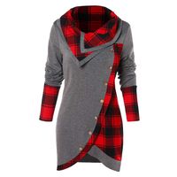 RUIVE Women's Plaid Print Blouse Turtleneck/Hooded Button Asymmetric Tops Casual Long Tartan Tunic Sweatshirt Grey