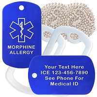 Custom 2 Pack - Morphine Medical Alert ID Necklaces with Blue Custom Tags, White Silencers, and 30'' USA Chains