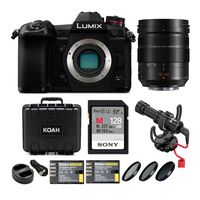 Panasonic Lumix DC-G9 Mirrorless Camera (Black) with12-60mm Lens, Microphone, Hard Case, Battery and Dual Charger, 128GB Card and Lens Filter Bundle (7 Items)