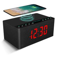 ANJANK Wooden Alarm Clock with FM Radio, 10W Super Fast Wireless Charger Station for iPhone/Samsung, 5 Level Dimmer, USB Charging Port, Sleep Timer, Digital LED Clock for Bedroom, Black