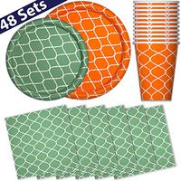 Paper Dinnerware Set for 48 - Orange Pumpkin & Green Sea - Dinner Plates, Dessert Plates, Cups, Napkins - Heavy Duty Disposable Tableware Dishes for Parties with Lattice Design