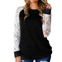 Oliviavan Women Loose T-Shirt Long Sleeve Lace Patchwork Casual Tops (Black, 2XL)
