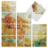 The Best Card Company - 10 Blank Flower Cards Boxed (4 x 5.12 Inch) - Assorted Floral Notecard Set - Batik Blossoms M6590OCB