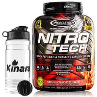 NitroTech Whey Protein Powder - 4lbs 40 Servings - Plus Shaker Bottle - Milk Chocolate Whey Protein Isolate with Peptides, BCAA Powder and Creatine Monohydrate - Bulk, Gain Lean Muscle Mass