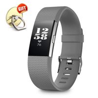 IYOU Compatible for Fitbit Charge 2 Replacement Bands, Classic Edition Adjustable Silicone Sport Wristbands Fitbit Charge 2 Bands for Women and Men, Gray, Small,【Gift】 1X Finger Ring Stand