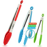 Walfos Heat Resistant Cooking Tongs with Silicone Tip, Premium Sturdy 12-inch ，9-inch and 7-inch Thick Stainless-Steel Locking Kitchen Tongs for Cooking, Barbecue, Salad, Grilling, Frying, Set of 3