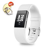 IYOU Compatible for Fitbit Charge 2 Replacement Bands, Classic Edition Adjustable Silicone Sport Wristbands Fitbit Charge 2 Bands for Women and Men, White, Large,【Gift】 1X Finger Ring Stand