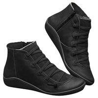 Women's Arch Support Boots Retro Lace Up Shoes Comfy Flat Heel Ankle Booties Autumn Round Head Zipper Casual Short Boot Black