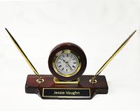 Personalized 9 x 4 3/4 Piano Finish Desk Clock on Base with 2 Pens- BRAND NEW