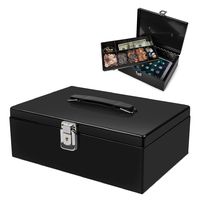Flexzion Cash Box with Money Tray, Lock Latch Catch - Portable Money Organizer Box with Handle Steel for Cashier Drawer Money Safe Security Wedding Store Home Fits Currency Coins Bills Checks Black