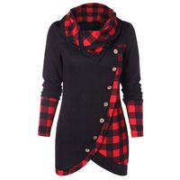 Adreamess Women Blouse Winter Long Sleeve Plaid Patchwork Turtleneck Tartan Tunic Sweatshirt Pullover Tops Red