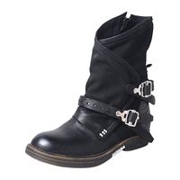 BIKETAFUWY Womens Faux Leather Mid Calf Side Zipper Combat Boots Casual Punk Military Biker Boots Black
