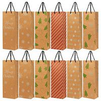 24-Pack Christmas Gift Wine Bags - Kraft Paper Bags, Paper Bags with Handles for Shopping, Christmas Gifts, 6 Assorted Designs - 15.3 x 3.2 x 5.5 Inches