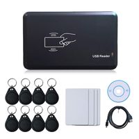 USB ID Reader Writer Proximity Card 125khz RFID ID Cards Reader EM4100 Card Copier Duplicator with Readable& Rewritable Cards 8 pcs Black EM4305 Fob Tags and 4pcs EM4305 RFID Card