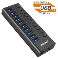 USB 3.0 Hub, Onvian 10-Port Powered USB 3.0 Hub Aluminum High Speed USB Splitter with Individual Switch and LEDs