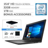 Dell Inspiron 2020 Premium 15.6" HD Touch-Screen Laptop Notebook Computer, 4-Core Intel i5-8265U 1.60 GHz, 32GB RAM, 1TB SSD, Webcam, HDMI, Bluetooth, Windows 10 S, VAATE External DVD+ Accessories