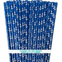 Anchor Nautical Themed Paper Straws - Navy Blue White - 7.75 Inches - 100 Pack - Outside the Box Papers Brand