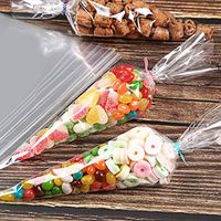 SUJING 50/100/200 pcs Clear Cone Shaped Treat Bags with Twist Ties Thick Plastic Cello Bags Triangle for Favor Christmas Candy Popcorn with Little Assorted Ties (100PCS)