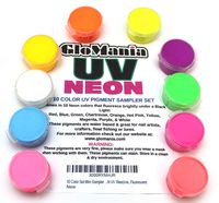 GloMania 10 Color Set Mini Sampler Neon Pigment Powder, Black Light UV Reactive, Fluorescent