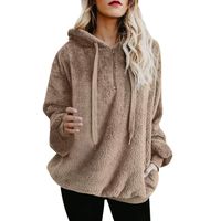 Lloopyting Women's Winter Hooded Sweatshirt Long Sleeves Faux Shearling Shaggy Warm Pullover Zipped Up with Pockets Tops Light Khaki