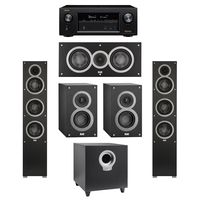 Elac 5.1 System with 2 Debut F5 Floorstanding Speakers, 1 Debut C5 Center Speaker, 2 Debut B4 Bookshelf Speakers, 1 Debut S10 Subwoofer, 1 Denon AVR-X2300W A/V Receiver