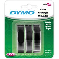 DYMO 3D Plastic Embossing Labels for Embossing Label Makers, White Print on Black, 3/8'' x 9.8', 3-roll Pack (1741670)