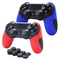 Skin Compatible for PS4 Controller Pandaren Soft Silicone Thicker Half Skin Cover Grip for PS4 /Slim/PRO Controller (Skin X 2 + FPS Pro Thumb Grip X 8) (Red,Blule)