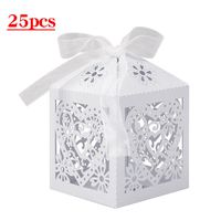 Lucky Monet 25/50/100PCS Love Heart Laser Cut Wedding Candy Gift Box Chocolate Box for Wedding Favor Birthday Party Bridal Shower with Ribbon (25pcs, White)