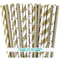 Outside the Box Papers Gold Chevron, Stars and Stripe Paper Straws 7.75 Inches 75 Pack Gold, White