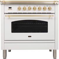 Ilve UPN90FDMPB Nostalgie Series 36 Inch Dual Fuel Convection Freestanding Range, 5 Sealed Brass Burners, 3.55 cu.ft. Total Oven Capacity in White, Brass Trim (Natural Gas)