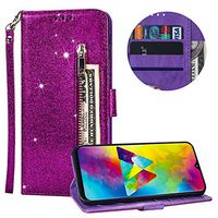 Luxury Glitter Bling Zipper Wallet Phone Case for Samsung Galaxy A50/A50s/A30S, MOIKY Bookstyle PU Leather Flip Folio Magnetic Purse Pockets Credit Card Holder Wrist Strap Case Cover - Purple